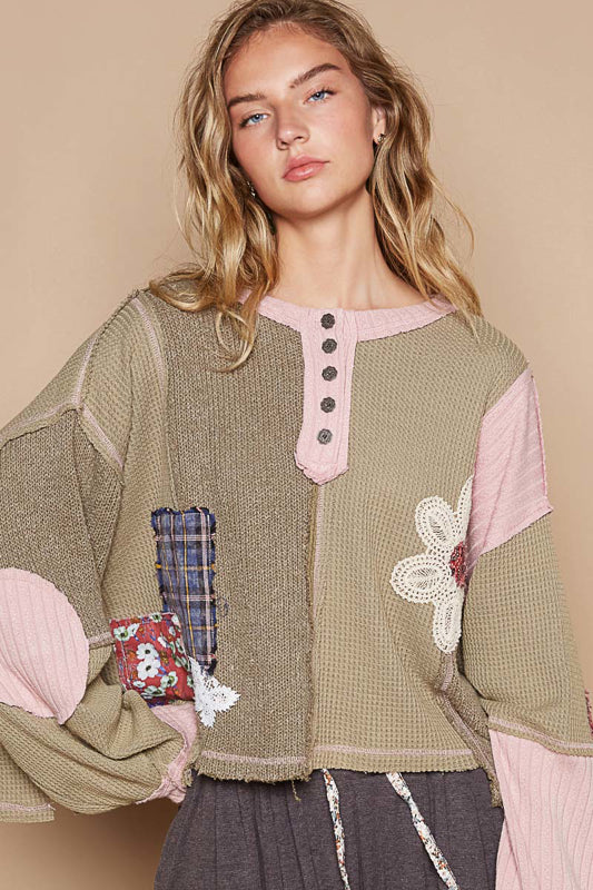 POL Daisy Patchwork Sweater - Olive Multi on Simply Obsessed