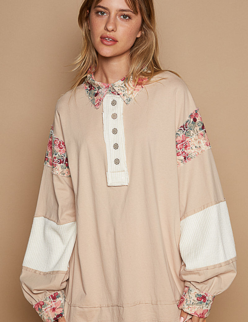 POL Floral Accent Patchwork Knit Top - Almond on Simply Obsessed