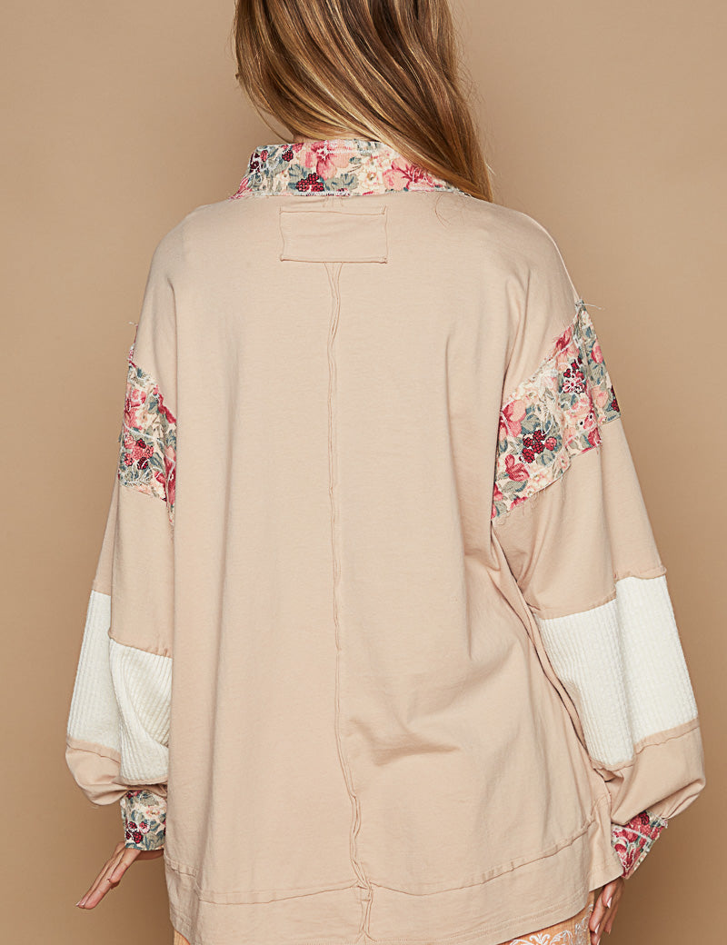 POL Floral Accent Patchwork Knit Top - Almond on Simply Obsessed
