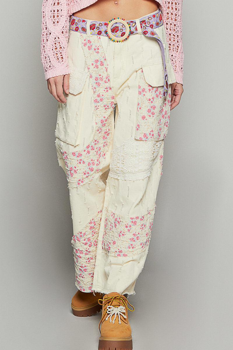 POL Floral Patchwork Pants - CREAM on Simply Obsessed