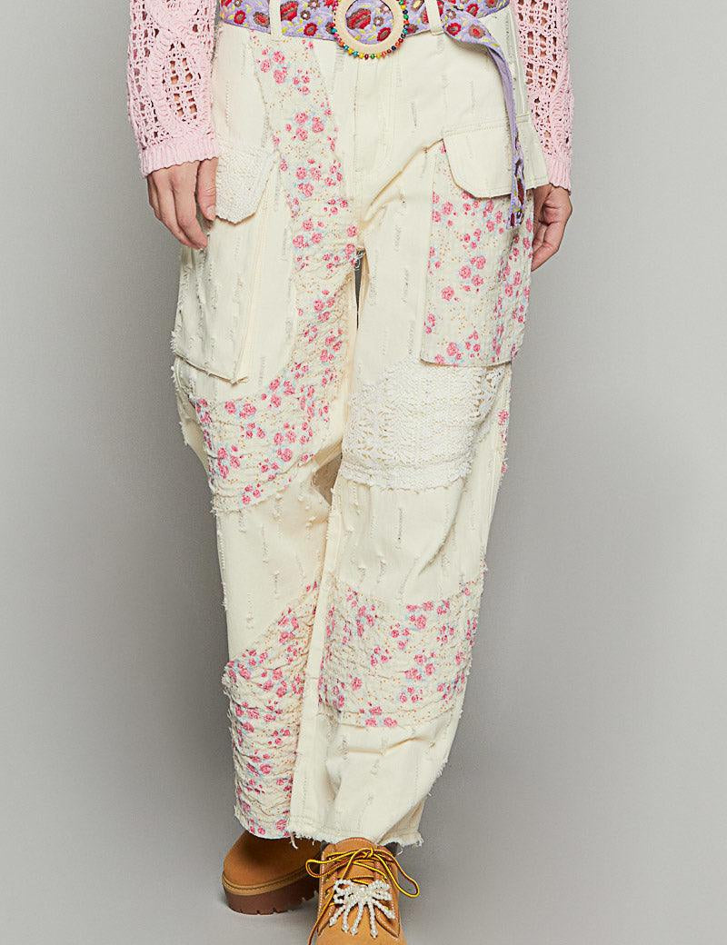 POL Floral Patchwork Pants - CREAM on Simply Obsessed