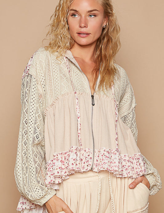 POL Floral Zipup Lace Hoodie - Beige on Simply Obsessed