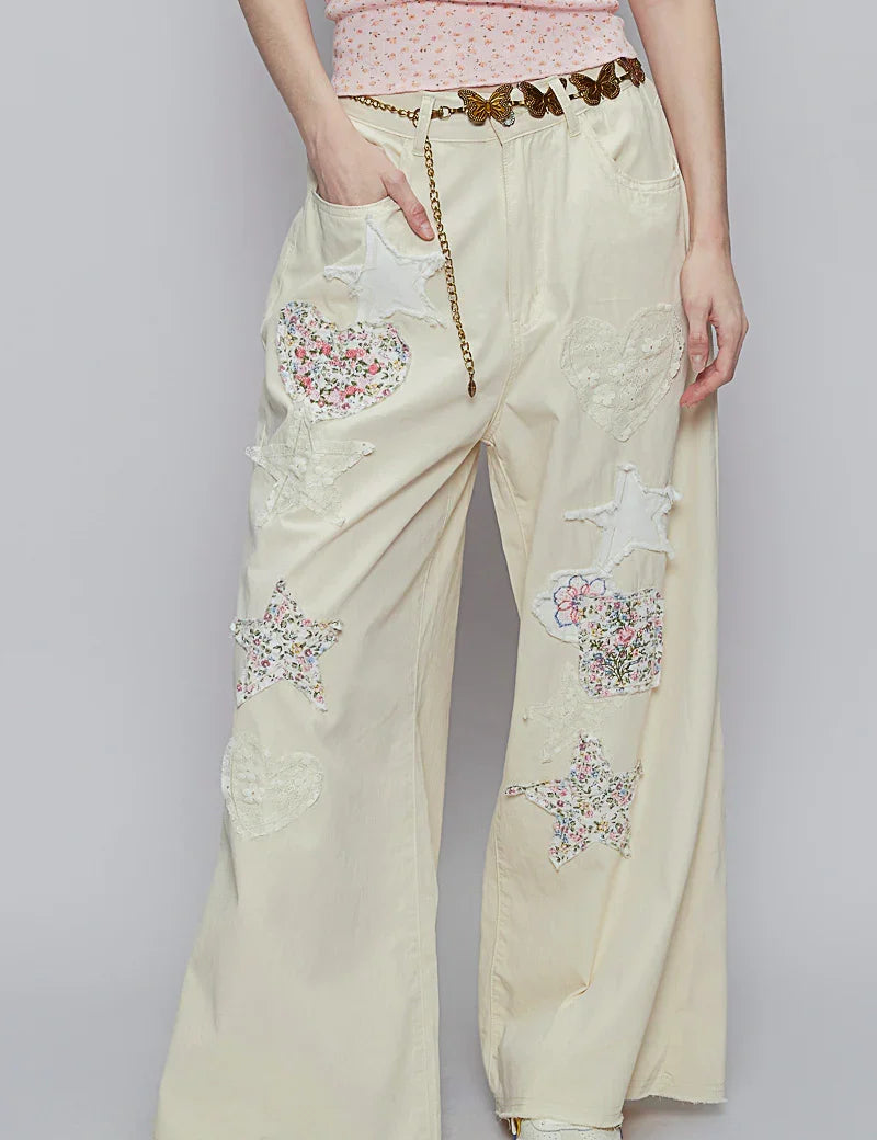 POL Heart + Stars Distressed Patchwork Pants - CREAM on Simply Obsessed