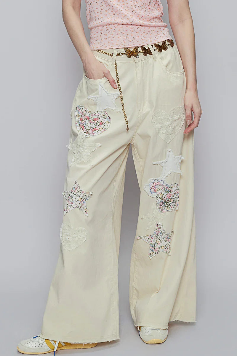 POL Heart + Stars Distressed Patchwork Pants - CREAM on Simply Obsessed