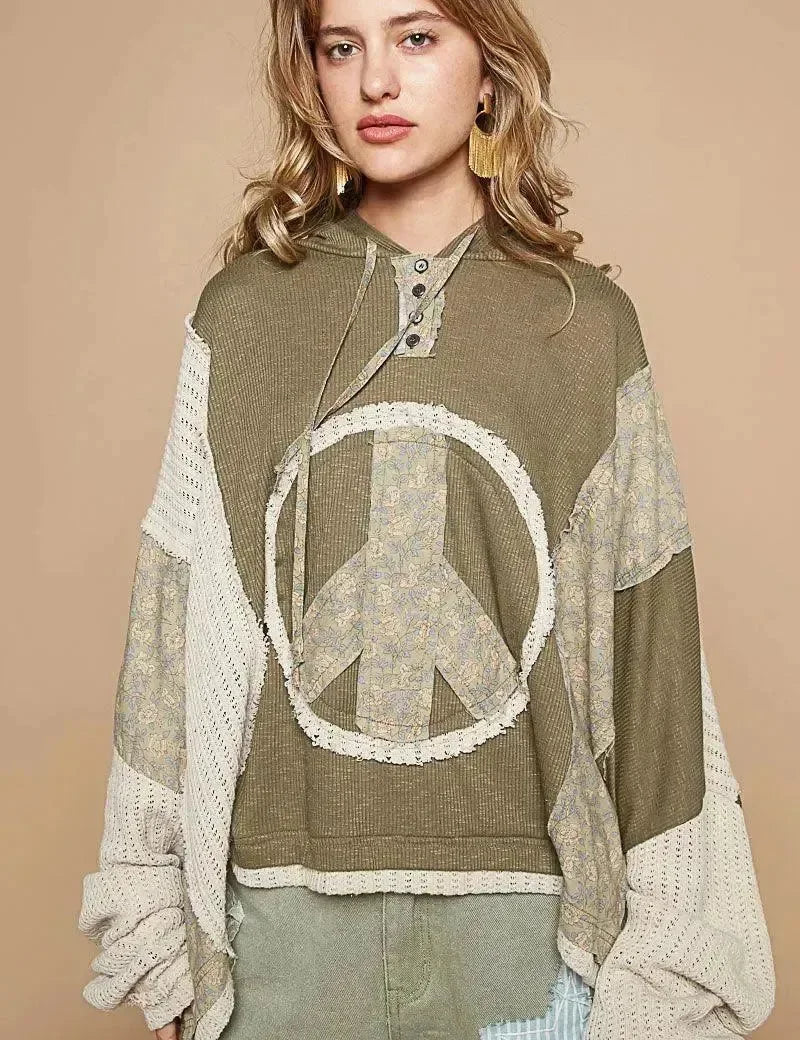POL Knit Peace Sign Hoodie - Dried Olive on Simply Obsessed