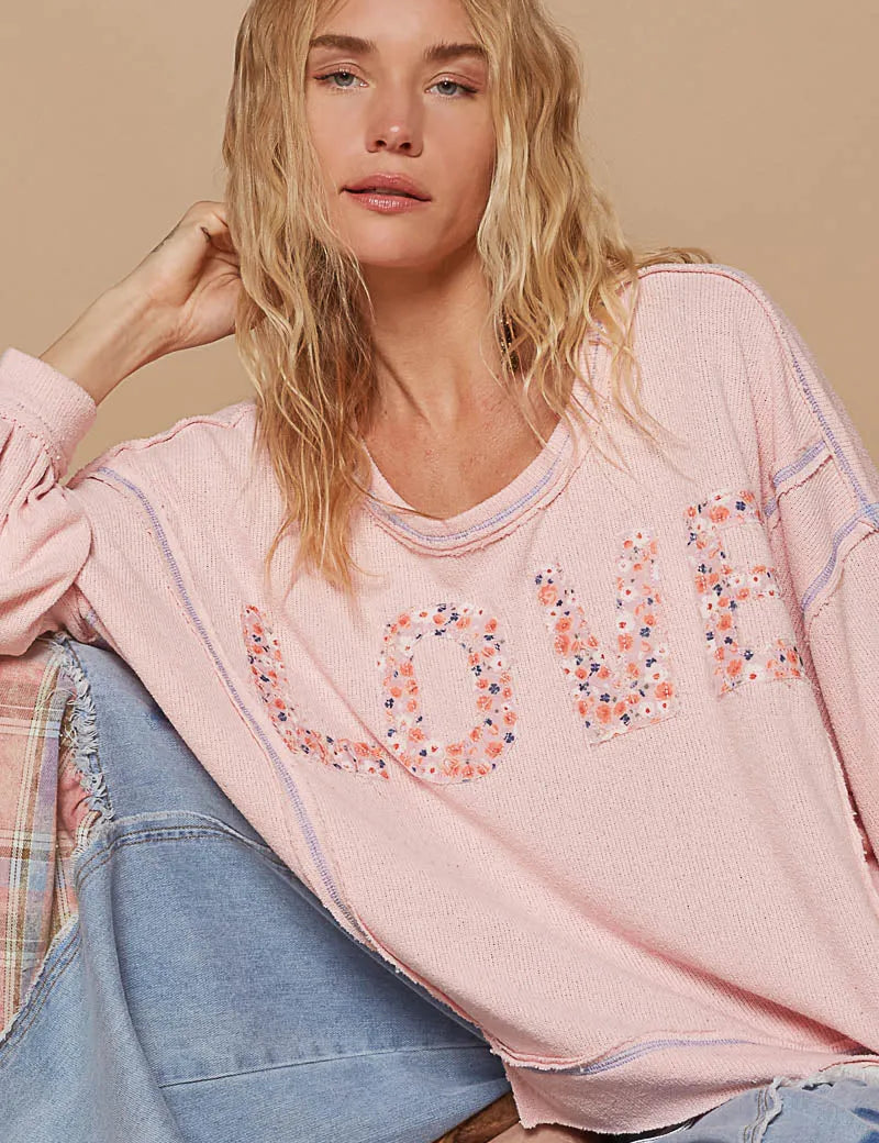 POL Oversized Stitched LOVE Sweater - ROSE PINK on Simply Obsessed