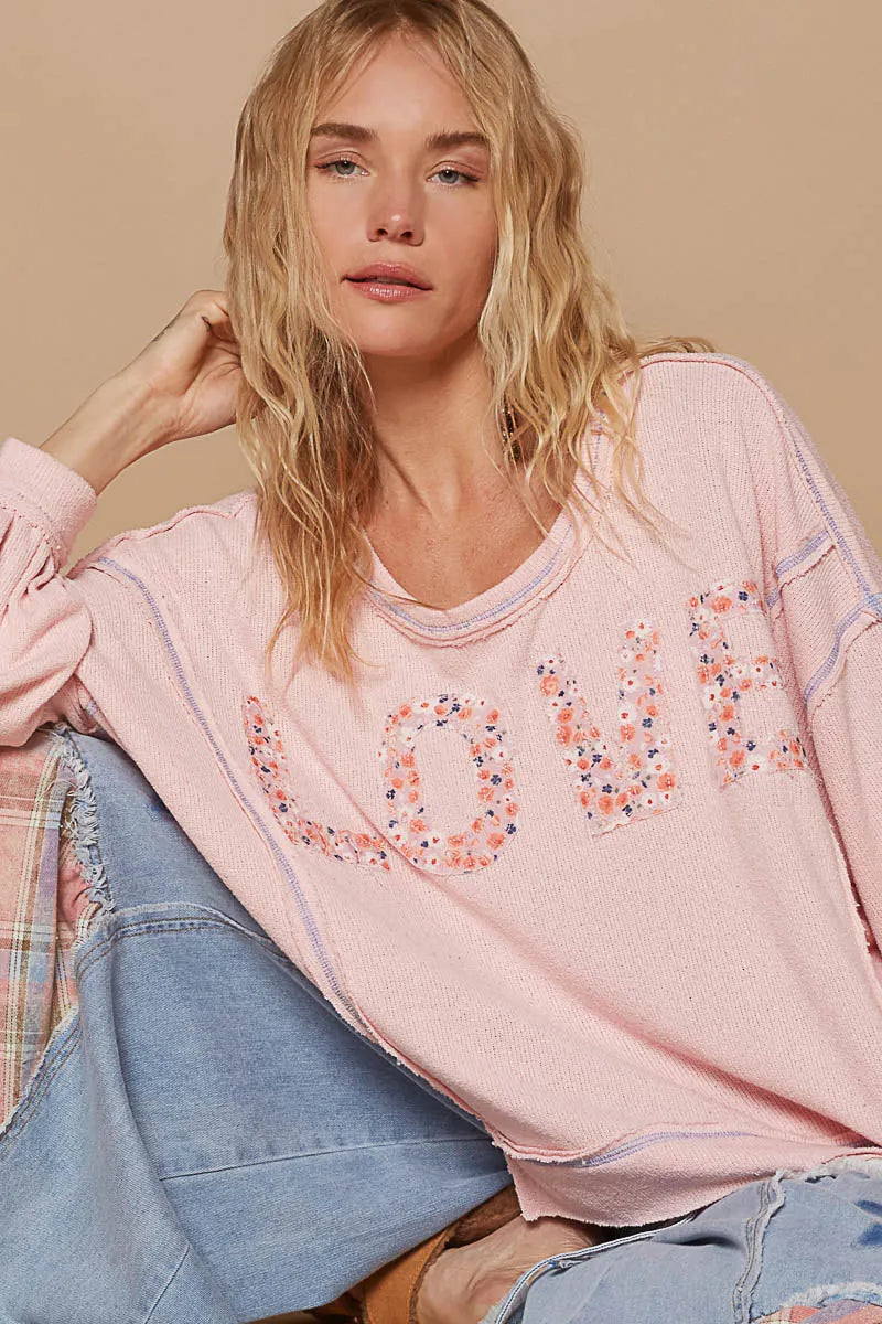 POL Oversized Stitched LOVE Sweater - ROSE PINK on Simply Obsessed