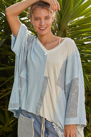 POL Oversized V-Neck Patchwork Top - WHITE/BLUE on Simply Obsessed