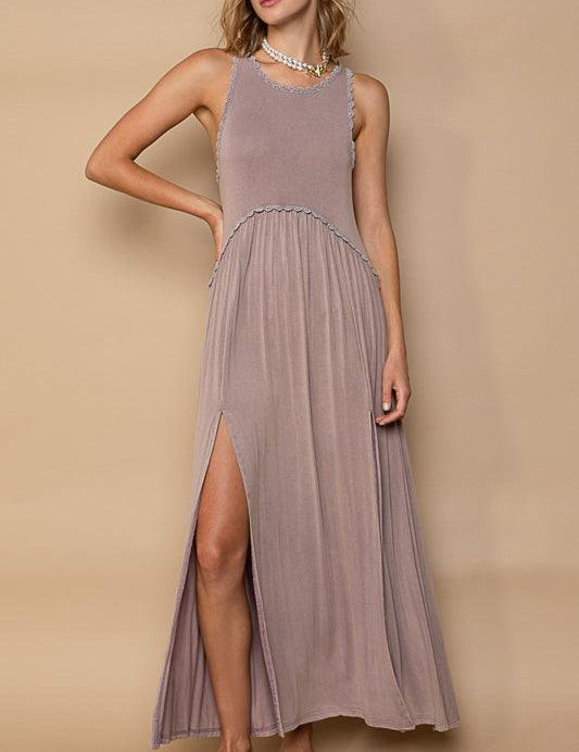 POL Stone Washed Side Slit Maxi Dress - TAUPE GREY on Simply Obsessed