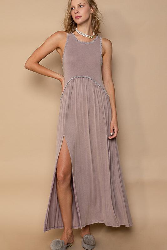 POL Stone Washed Side Slit Maxi Dress - TAUPE GREY on Simply Obsessed