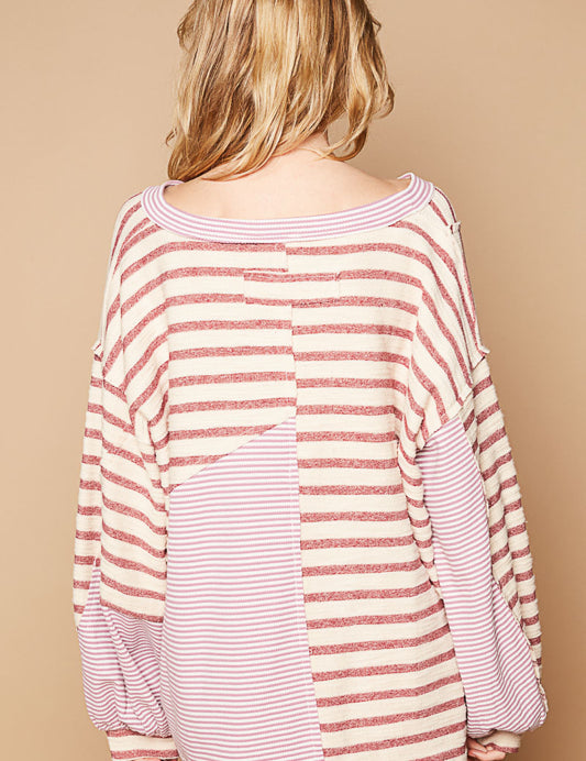 POL V-Neck Balloon Striped Thermal Top - Red Multi on Simply Obsessed