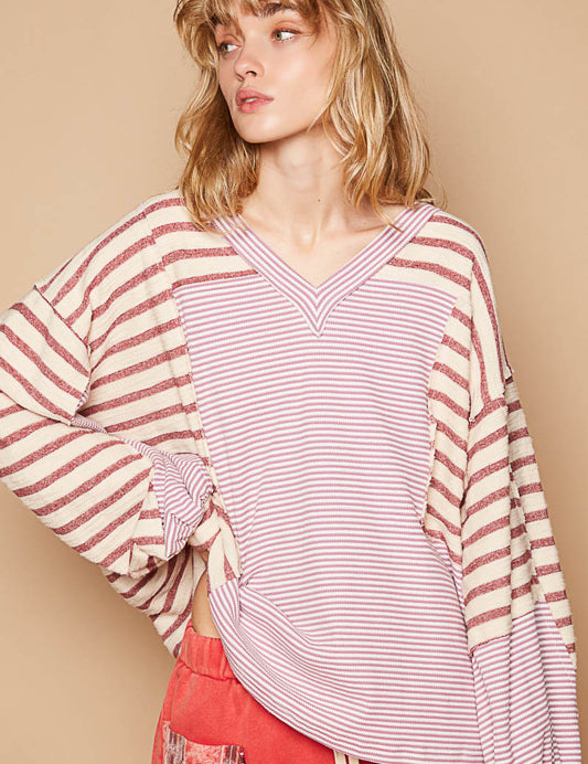 POL V-Neck Balloon Striped Thermal Top - Red Multi on Simply Obsessed