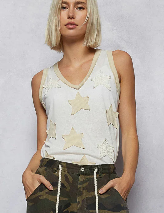 POL V-Neck Sleeveless Star Patchwork Tank on Simply Obsessed