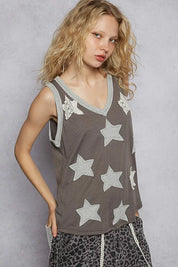 POL V-Neck Sleeveless Star Patchwork Tank on Simply Obsessed