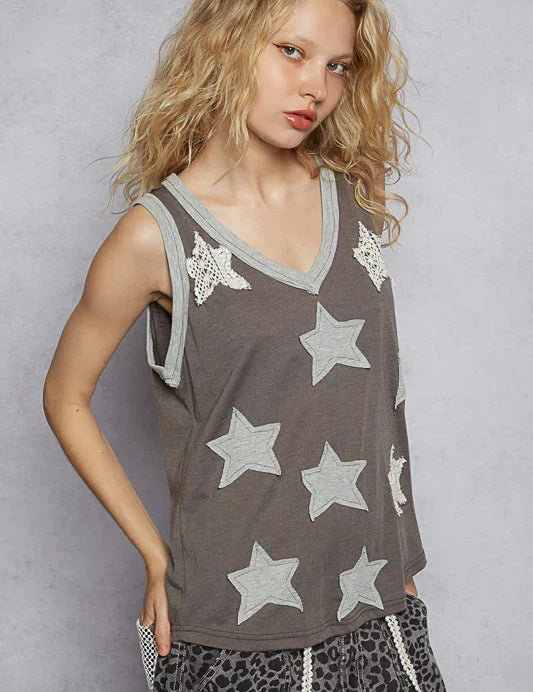POL V-Neck Sleeveless Star Patchwork Tank on Simply Obsessed