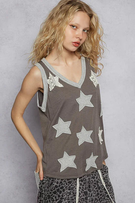 POL V-Neck Sleeveless Star Patchwork Tank on Simply Obsessed