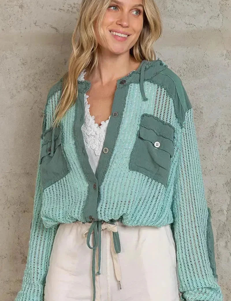 POL Woven Buttonup Hoodie - Emerald Sage on Simply Obsessed