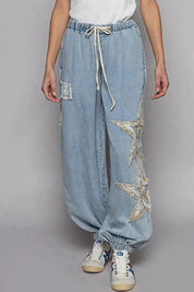 POL Woven Denim Star Pants - Denim Multi on Simply Obsessed