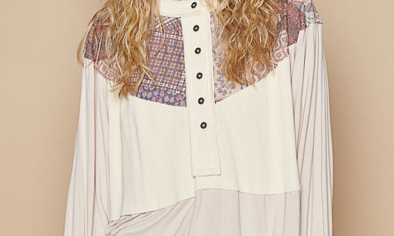 POL Patchwork Knit Top-OATMEAL on Simply Obsessed