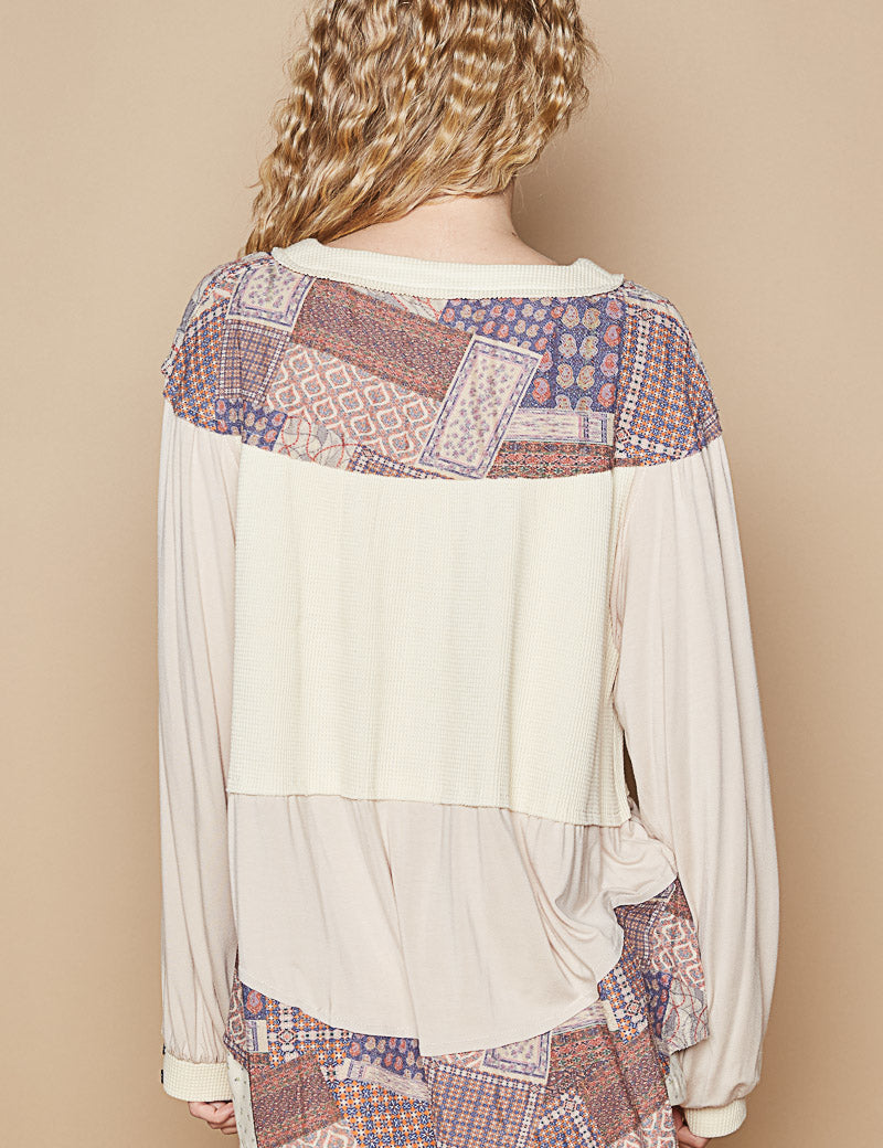 POL Patchwork Knit Top-OATMEAL on Simply Obsessed