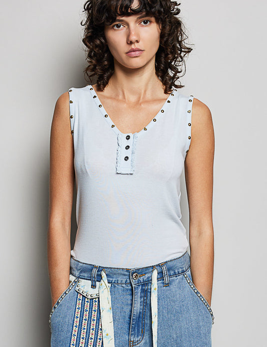 POL V-Neck Sleeveless Studded Top on Simply Obsessed