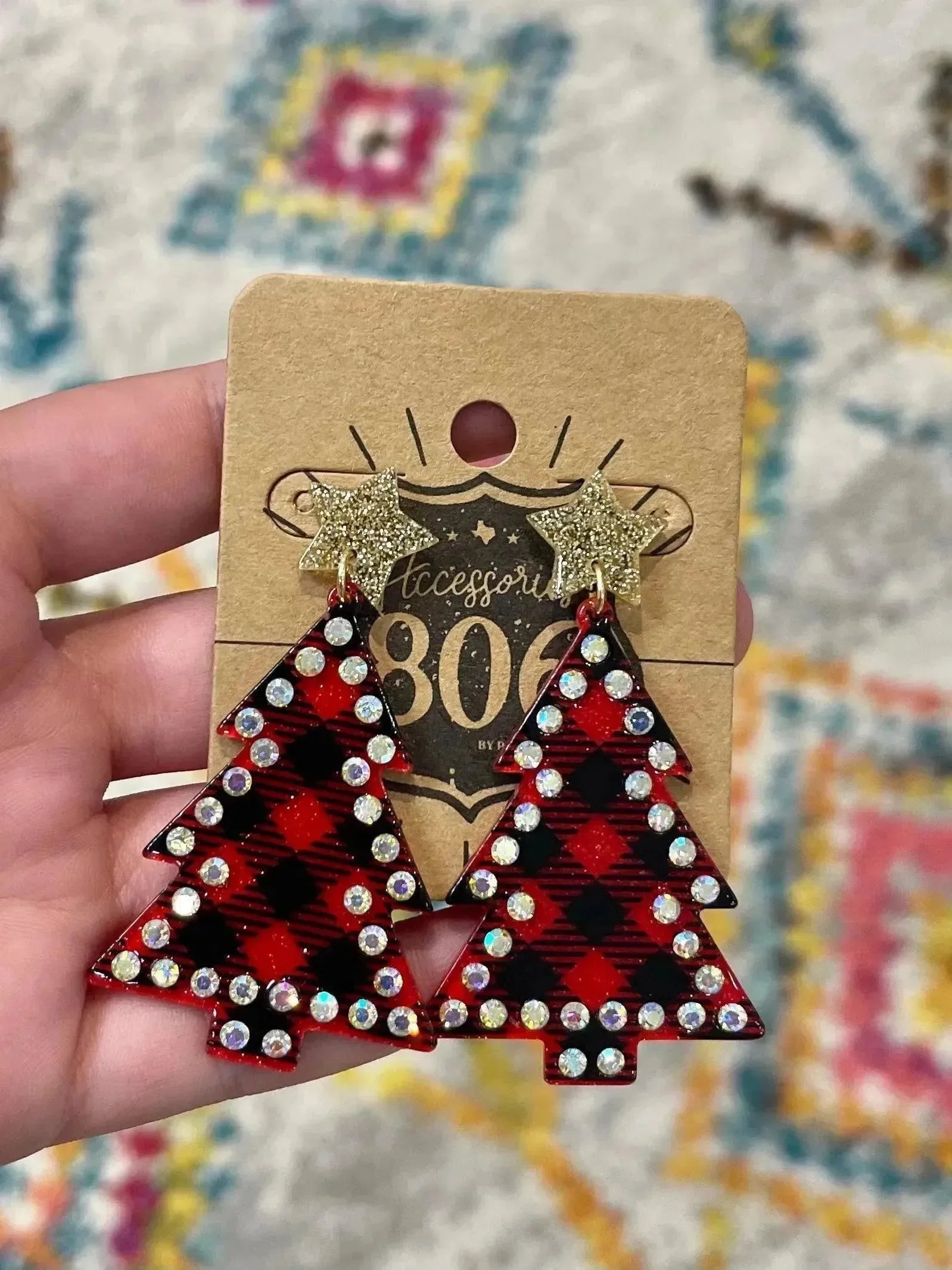 Red Buffalo Plaid Bling Tree Earrings on Simply Obsessed