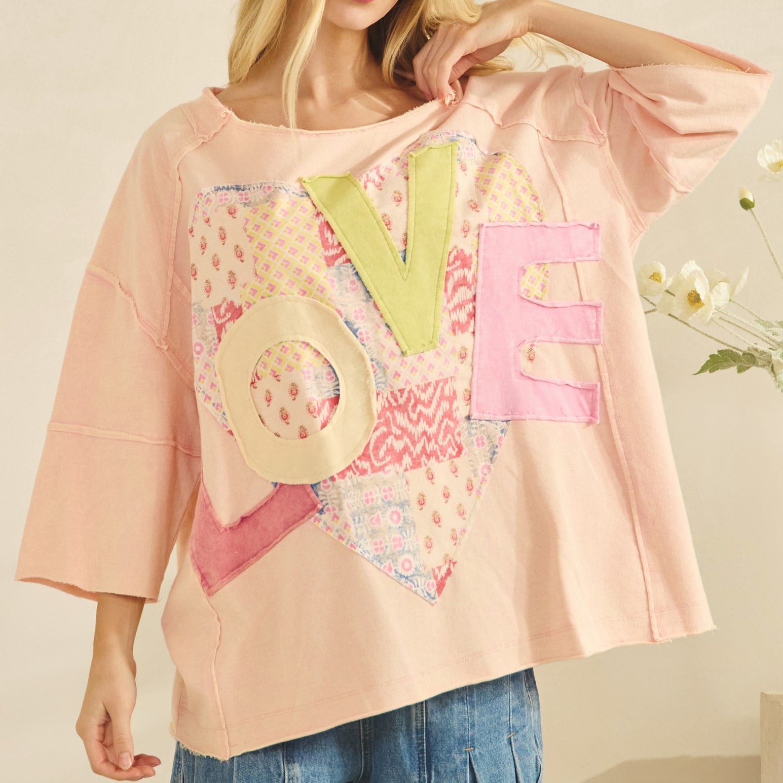 SAGE & FIG Oversized Patchwork Love Top on Simply Obsessed