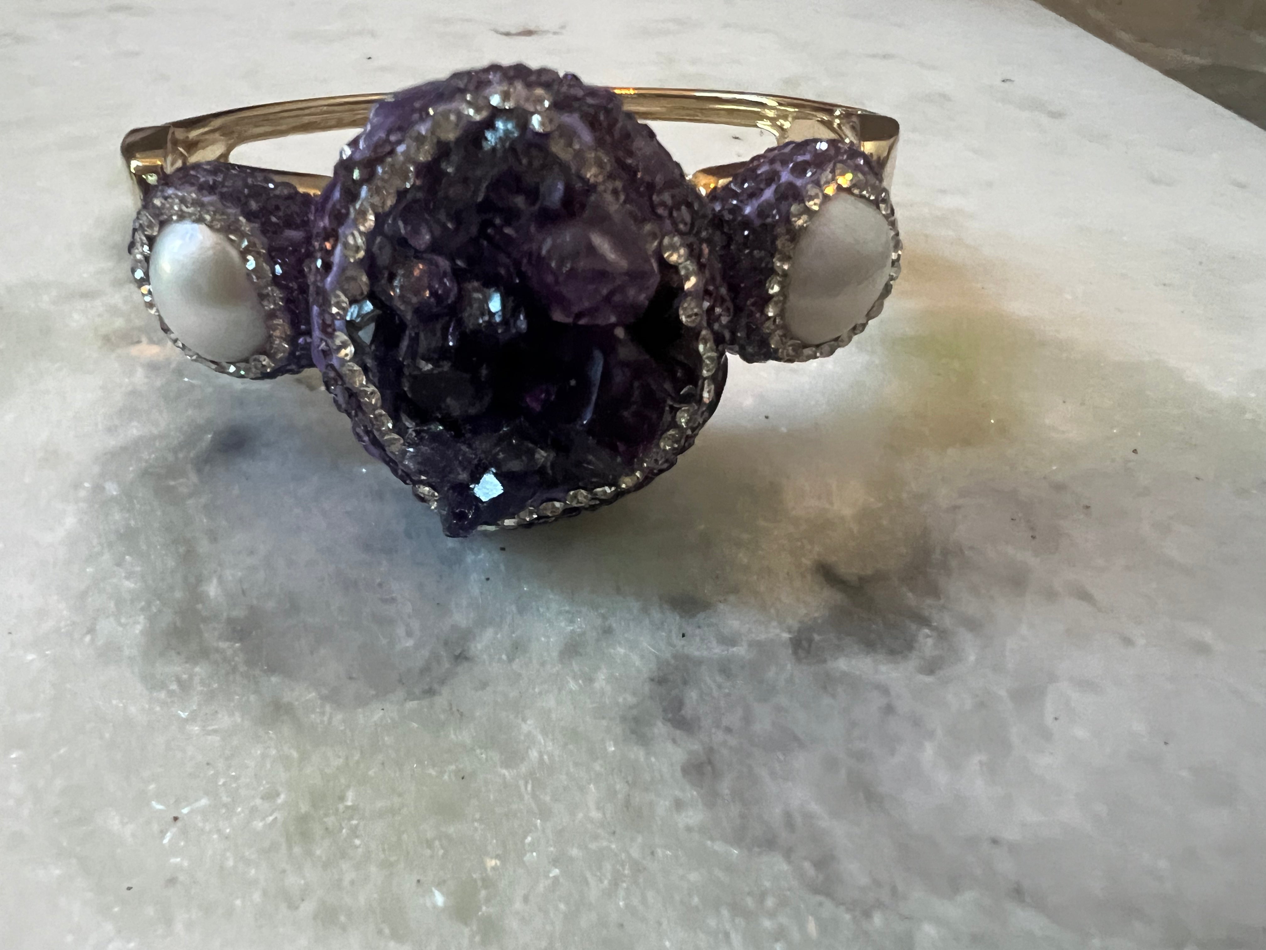 SALT OF THE EARTH Bling Pearl & Amethyst Gold Hinged Cuff Bracelet on Simply Obsessed