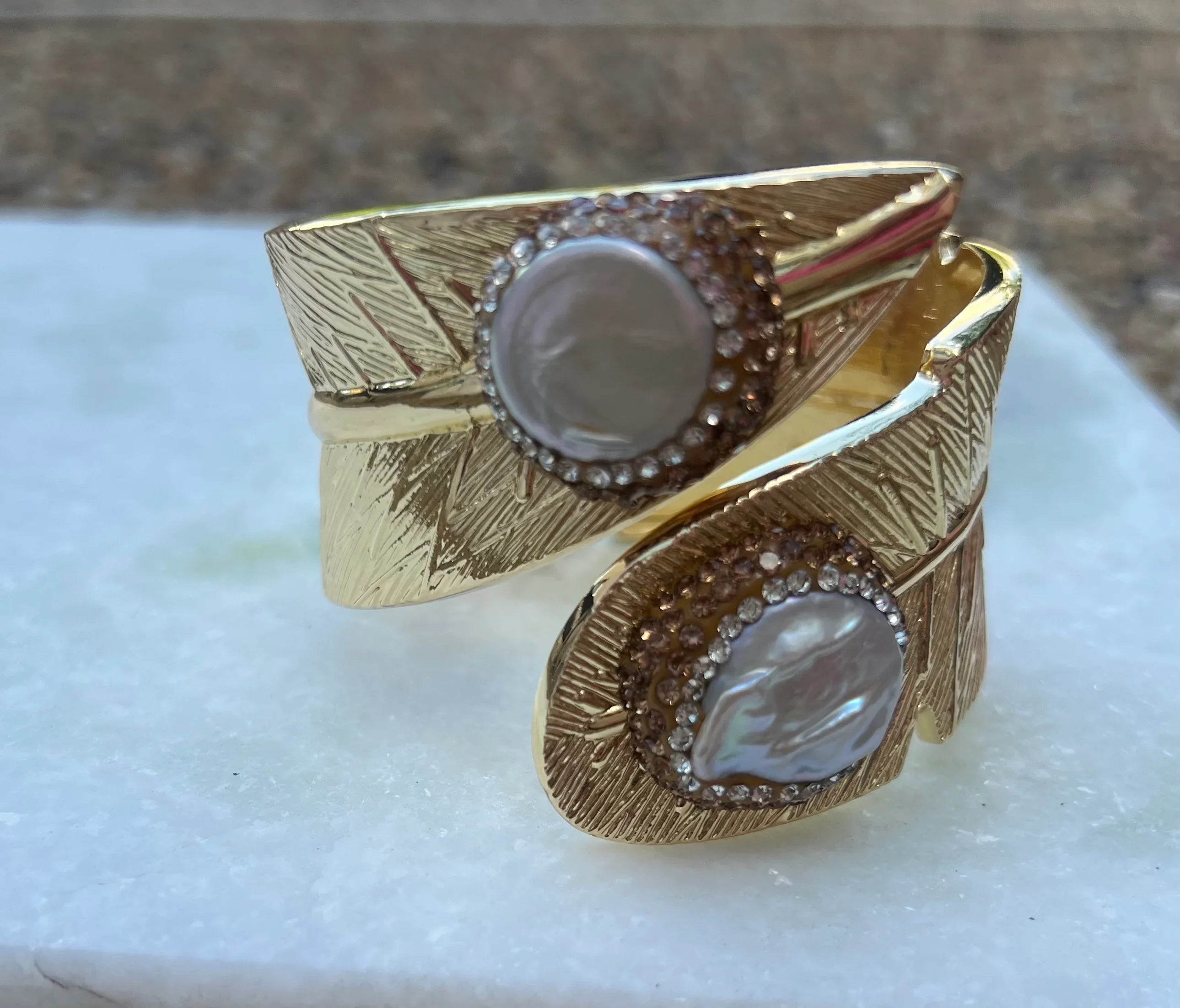 SALT OF THE EARTH Freshwater Pearl Rhinestone Leaf Cuff on Simply Obsessed