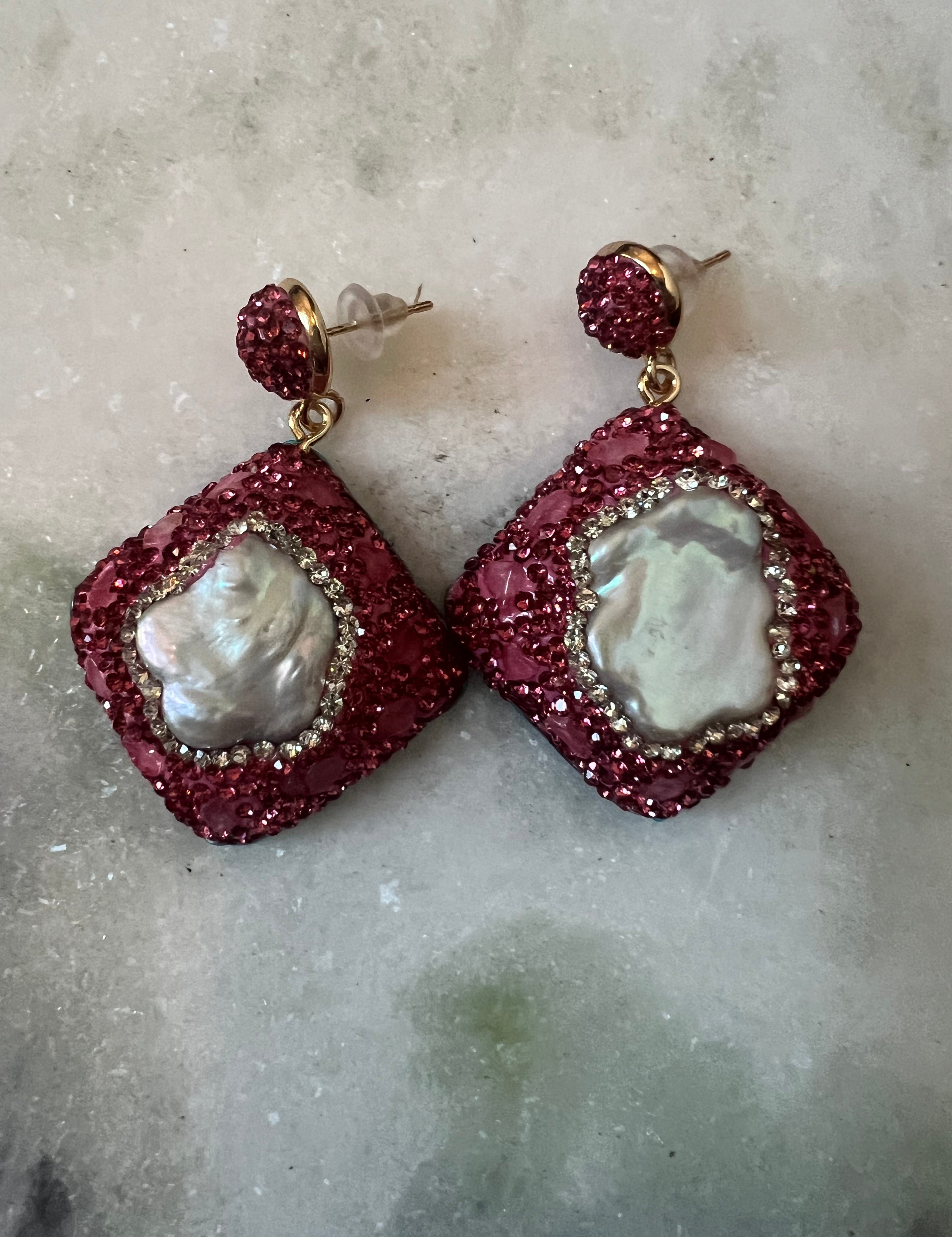 Pink Square Stone Bling Earrings on Simply Obsessed