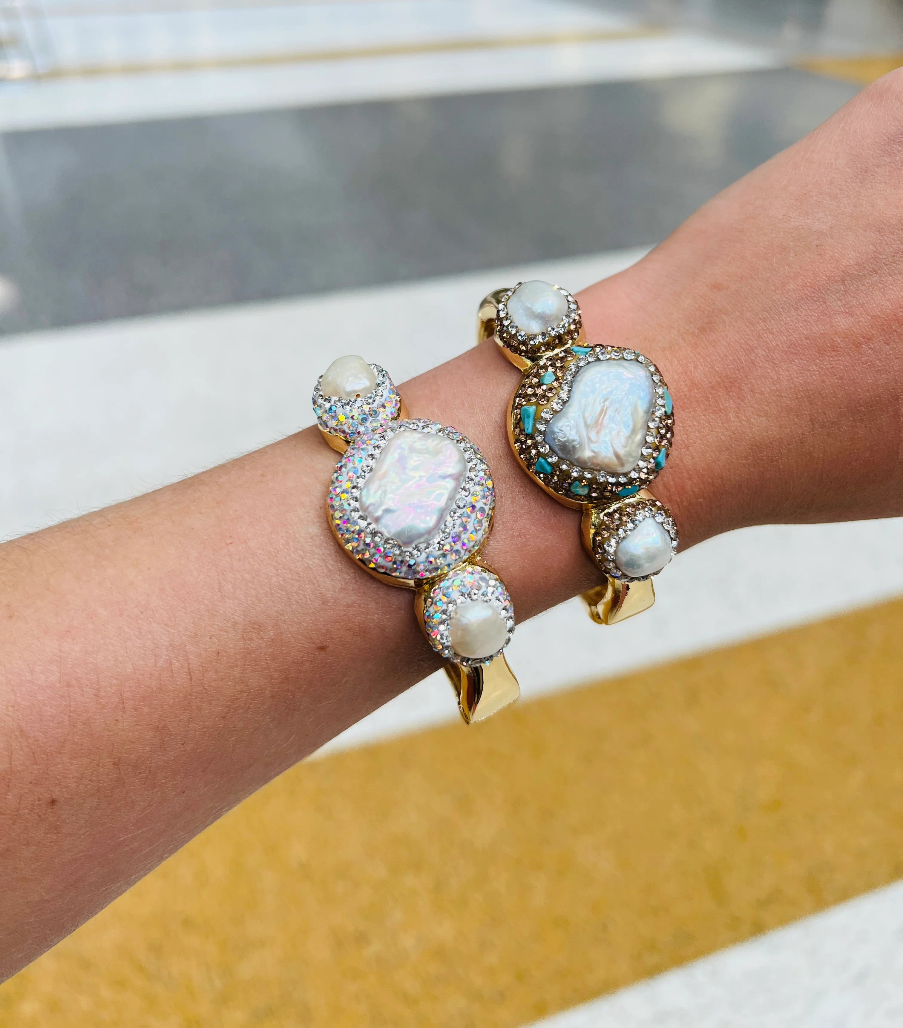 SALT OF THE EARTH Triple Pearl Rhinestone Bangle Bracelet on Simply Obsessed