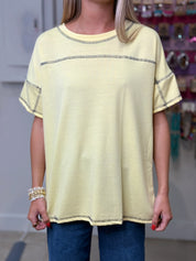SEW IN LOVE Contrast Stitching Scoop Neck Top - YELLOW on Simply Obsessed