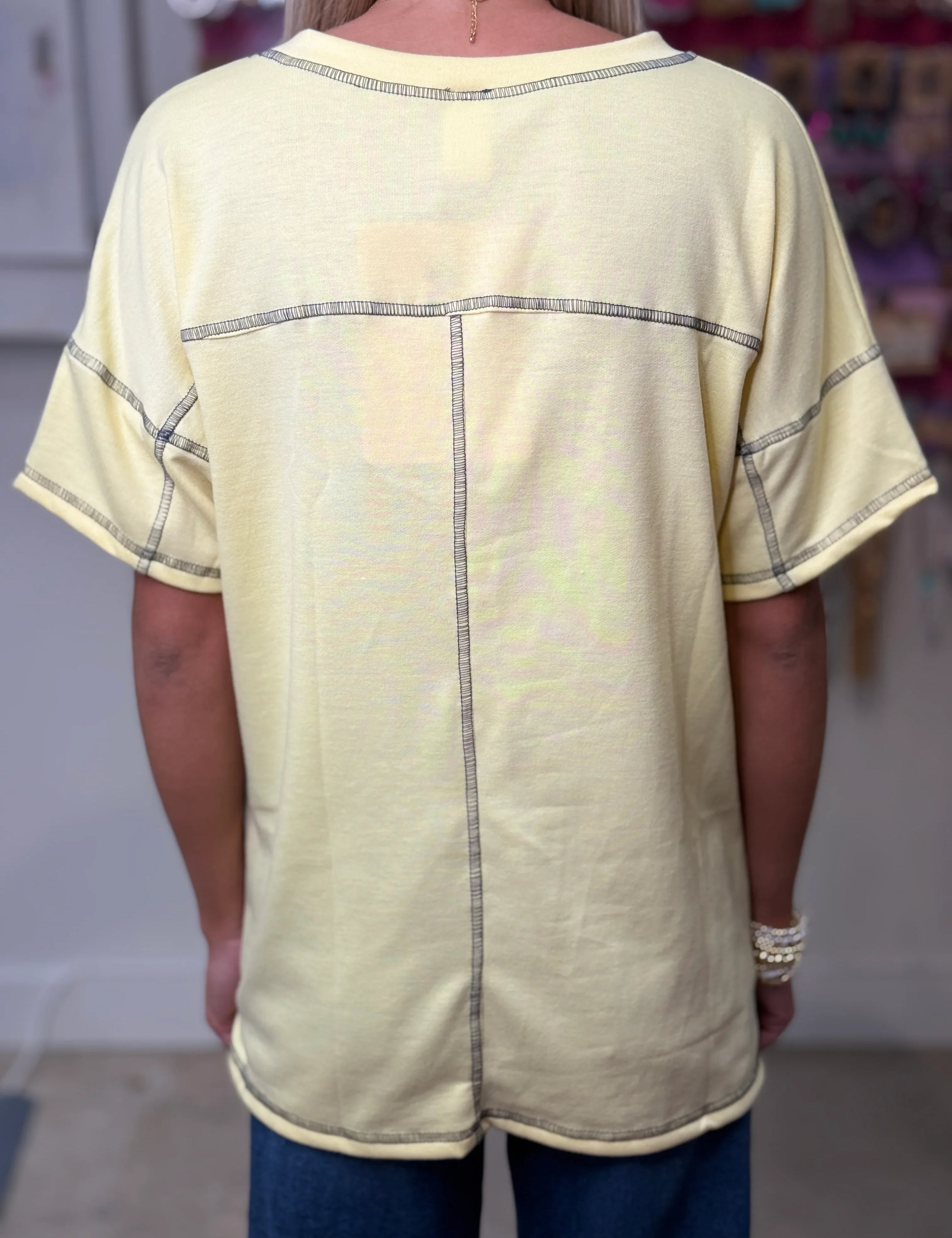 SEW IN LOVE Contrast Stitching Scoop Neck Top - YELLOW on Simply Obsessed