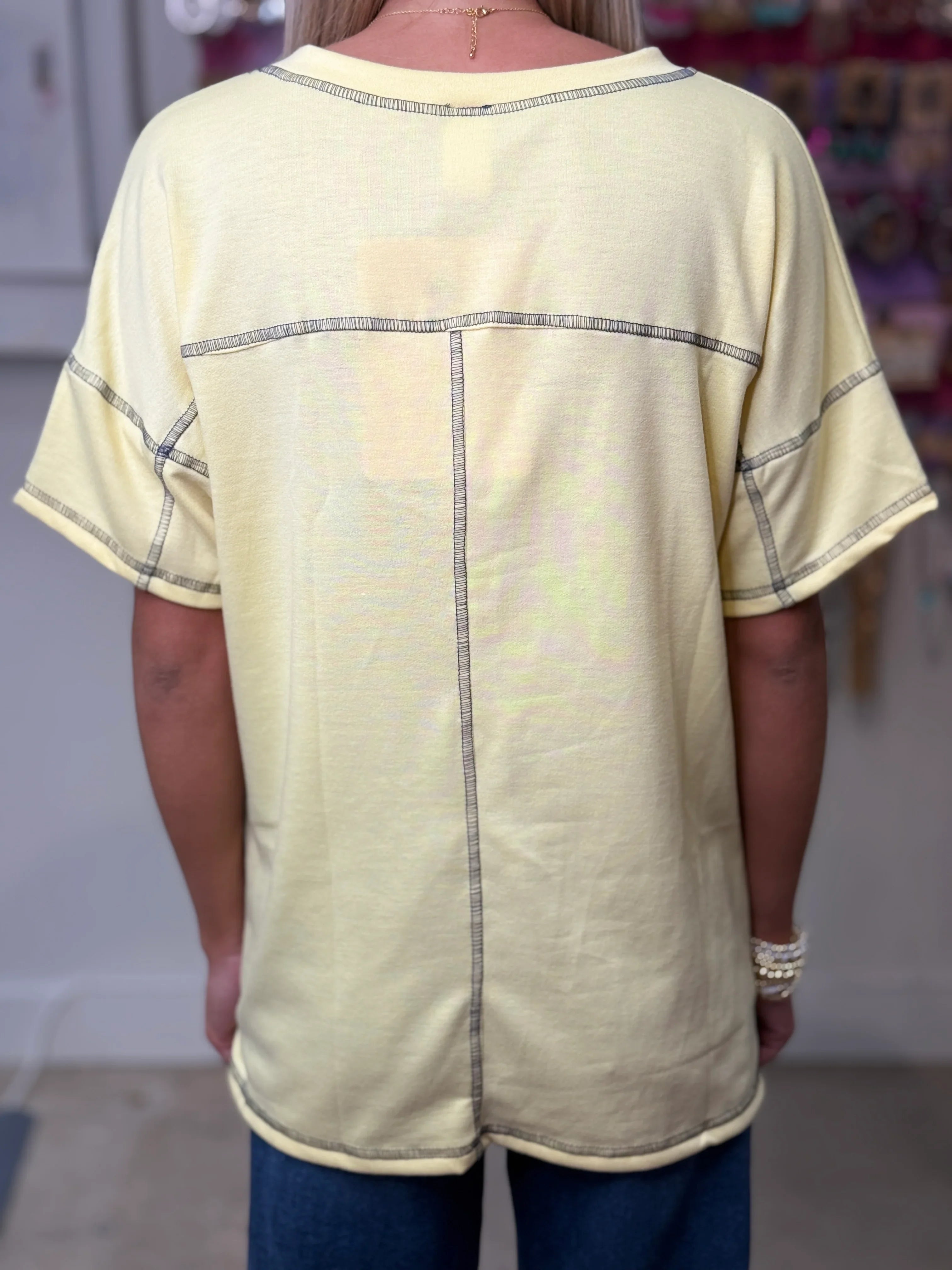 SEW IN LOVE Contrast Stitching Scoop Neck Top - YELLOW on Simply Obsessed