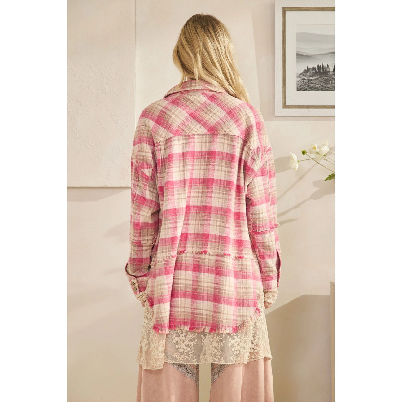 OLI + HALI Washed Plaid and Embroidered Mesh Mix Shacket on Simply Obsessed