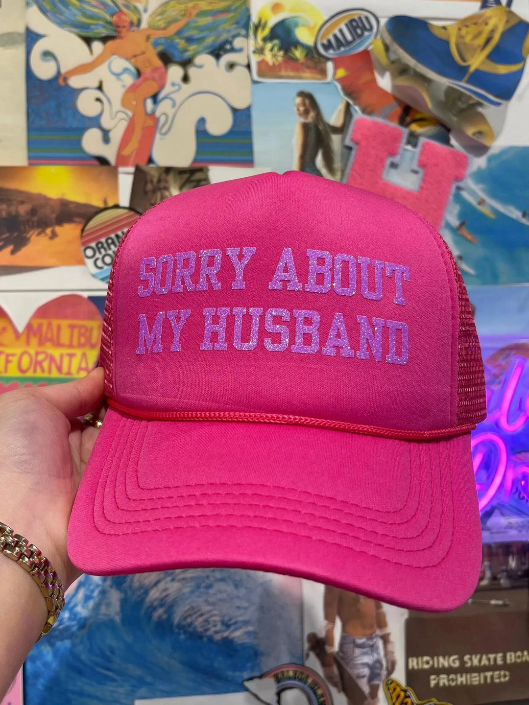 Sorry About My Husband Pink Trucker Hat on Simply Obsessed