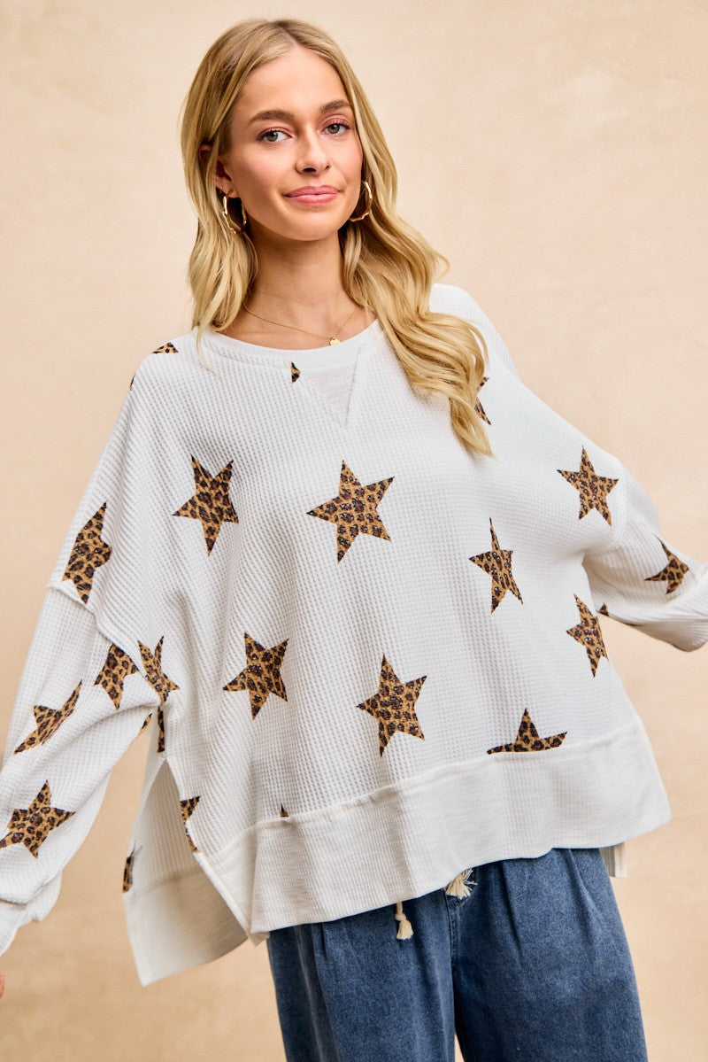 BIBI Leopard Star Waffle Top w/ Cut Edge Detail
