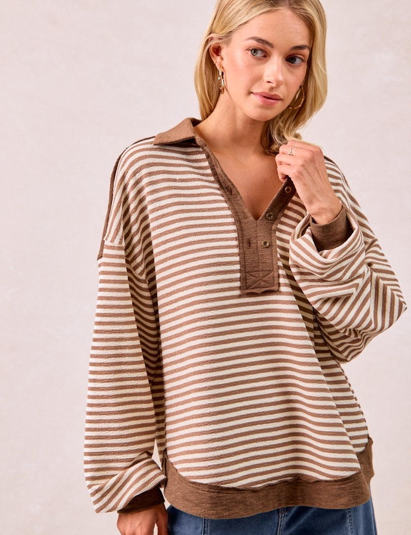 BIBI Slub Knit And Stripes Mix And Match Collared Top **VEGAS LIVES** on Simply Obsessed