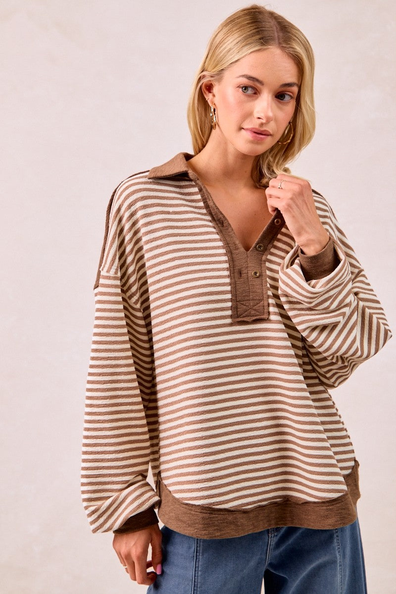 BIBI Slub Knit And Stripes Mix And Match Collared Top **VEGAS LIVES** on Simply Obsessed