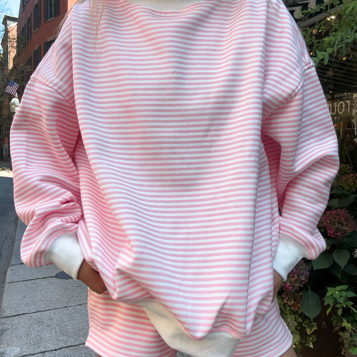 SUNKISSED COCONUT Pink Big Striped Mockneck Sweatshirt on Simply Obsessed