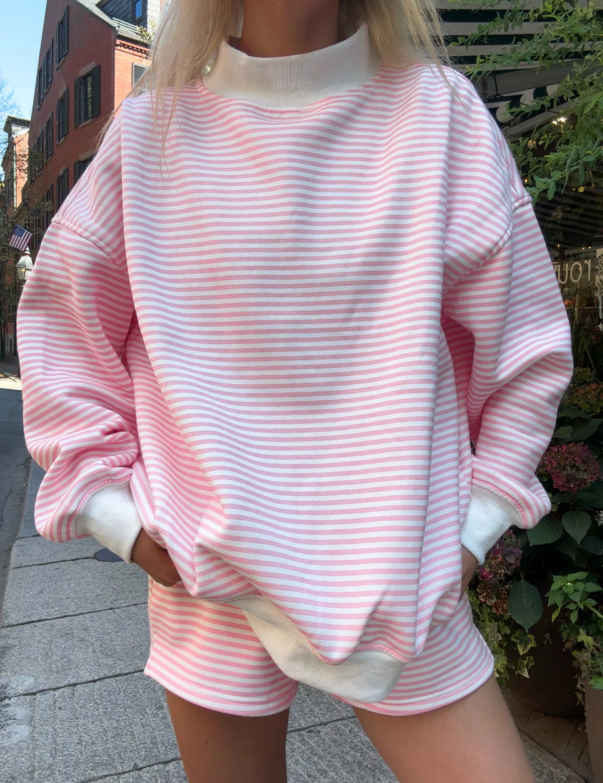 SUNKISSED COCONUT Pink Big Striped Mockneck Sweatshirt on Simply Obsessed