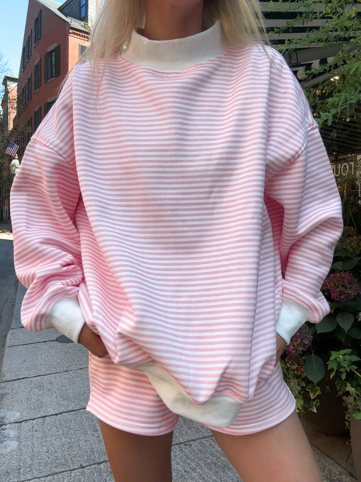 SUNKISSED COCONUT Pink Big Striped Mockneck Sweatshirt on Simply Obsessed