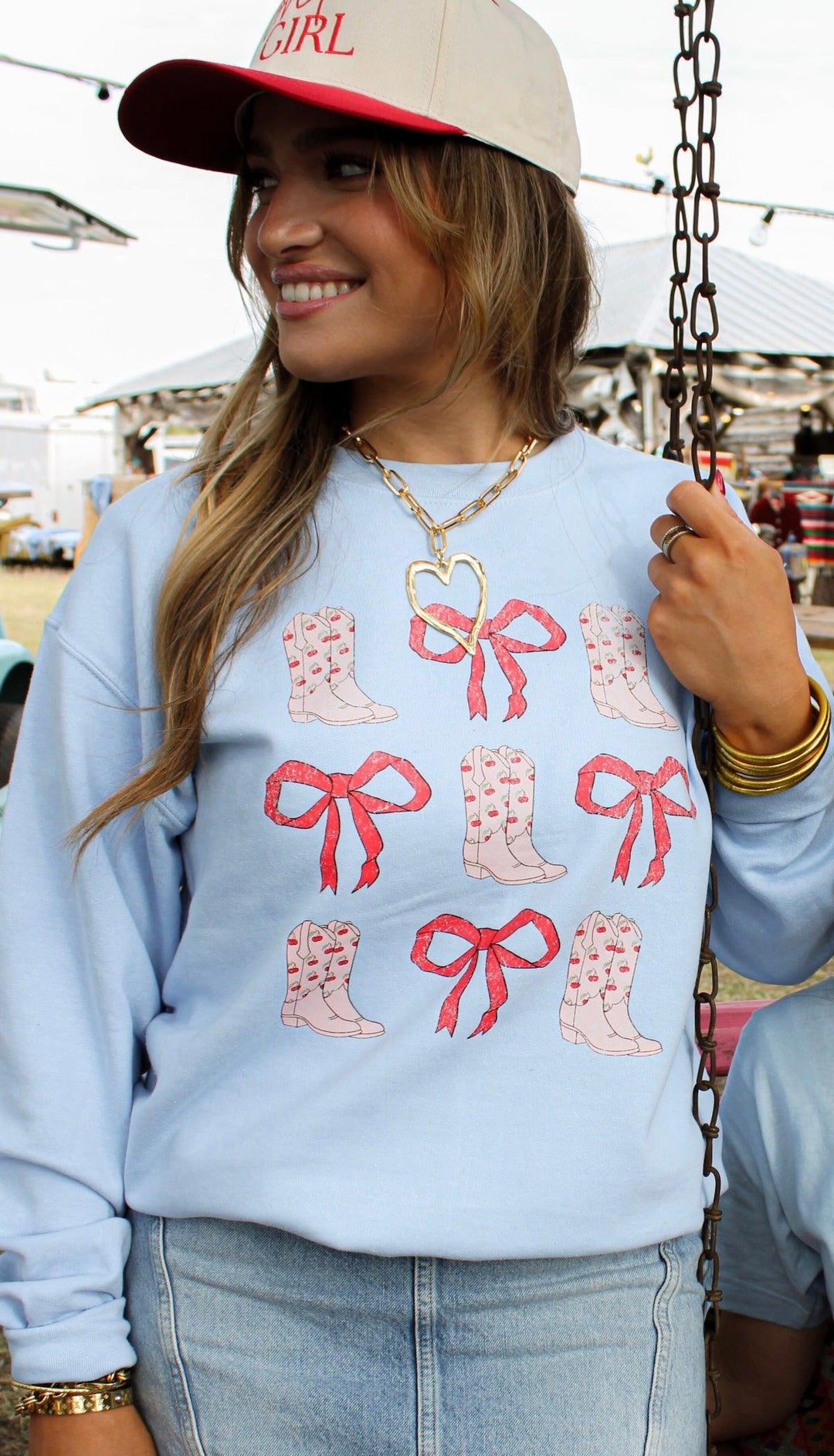 SUMMERTEES Bows + Boots Crewneck - SKY BLUE on Simply Obsessed