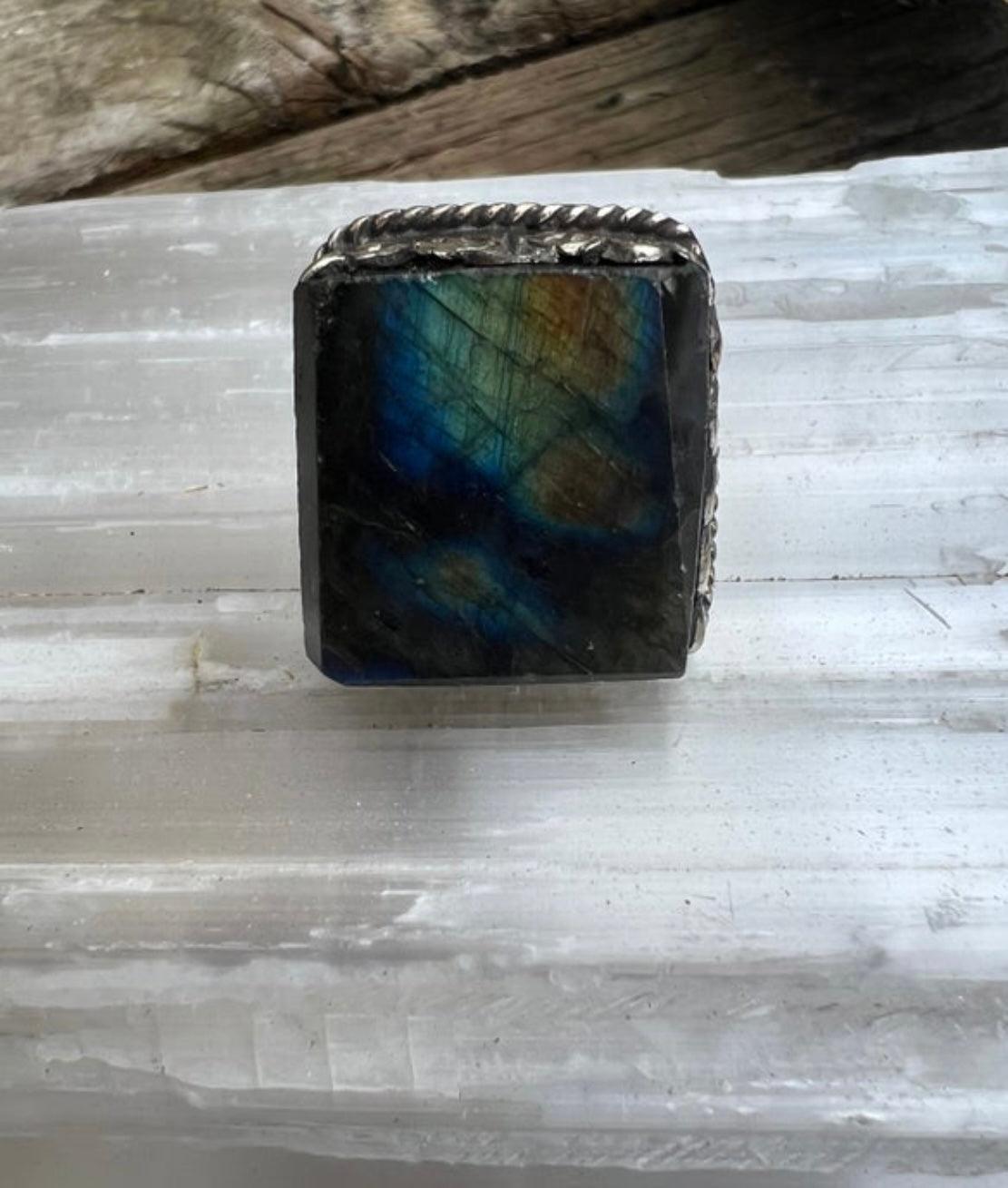 Tibetan Silver Chunky Labradorite Adjustable Ring on Simply Obsessed