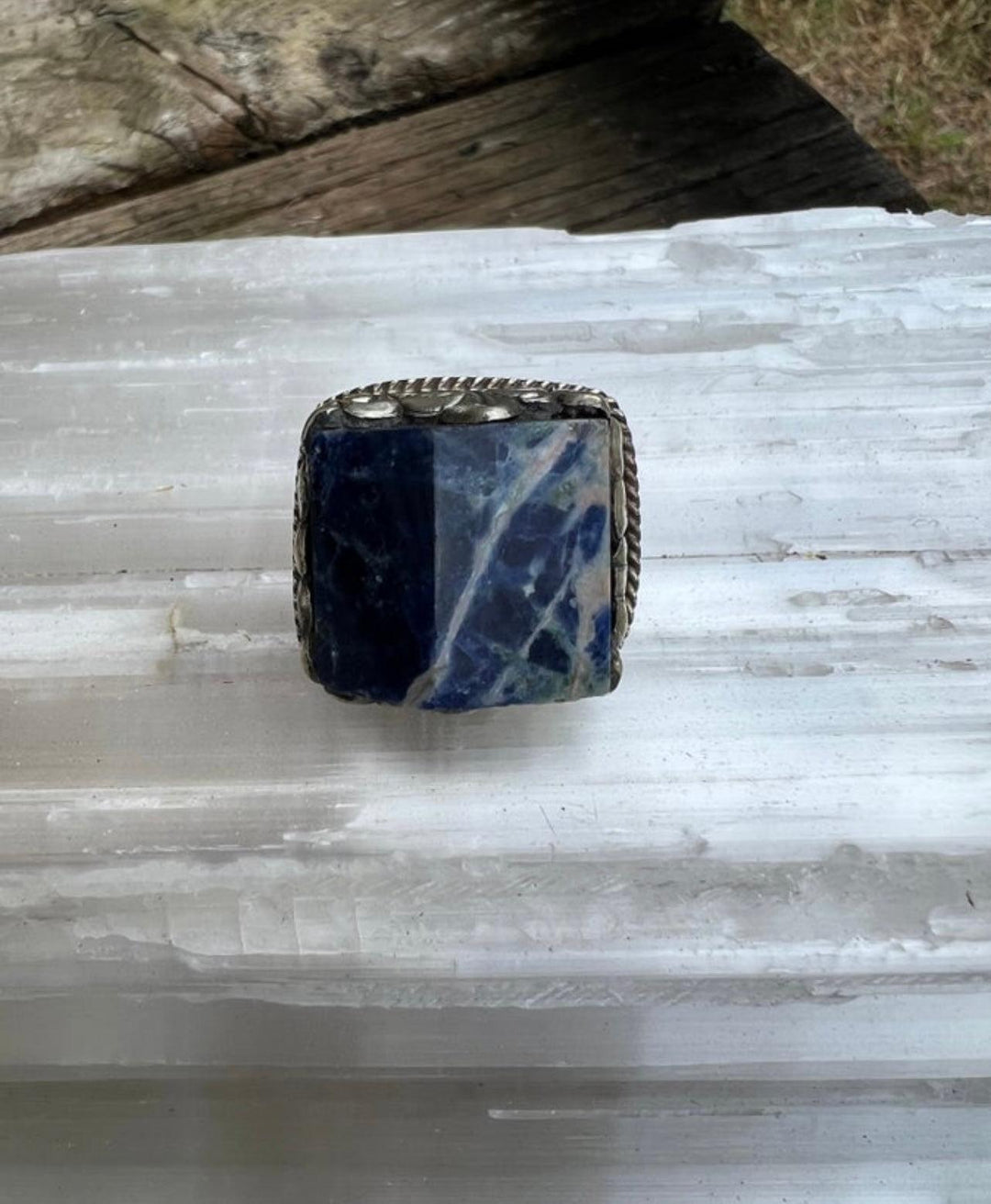 Tibetan Silver Chunky Sodalite Adjustable Ring on Simply Obsessed