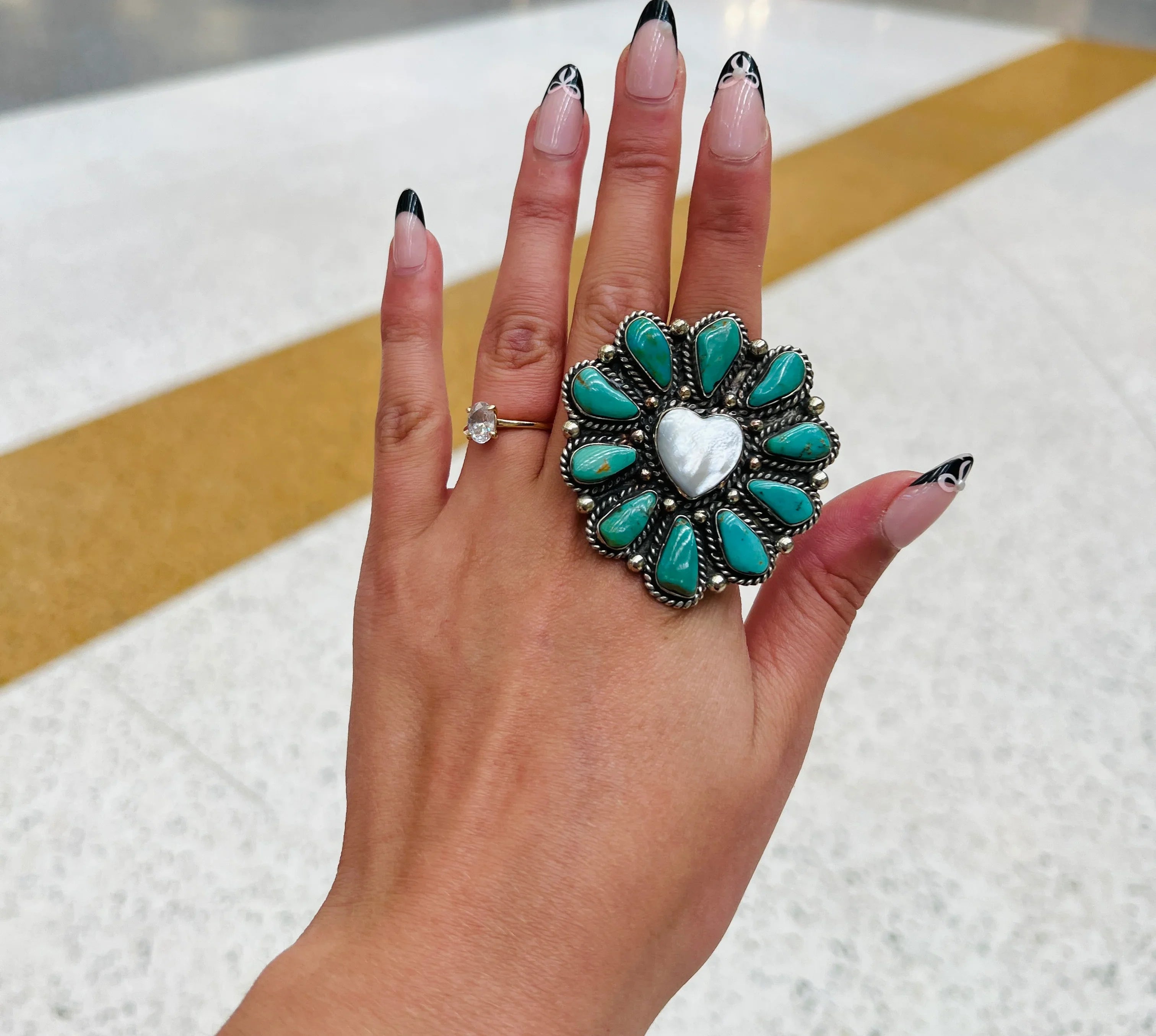 Turquoise & Freshwater Pearl Heart Tibetan Silver Adjustable Ring on Simply Obsessed