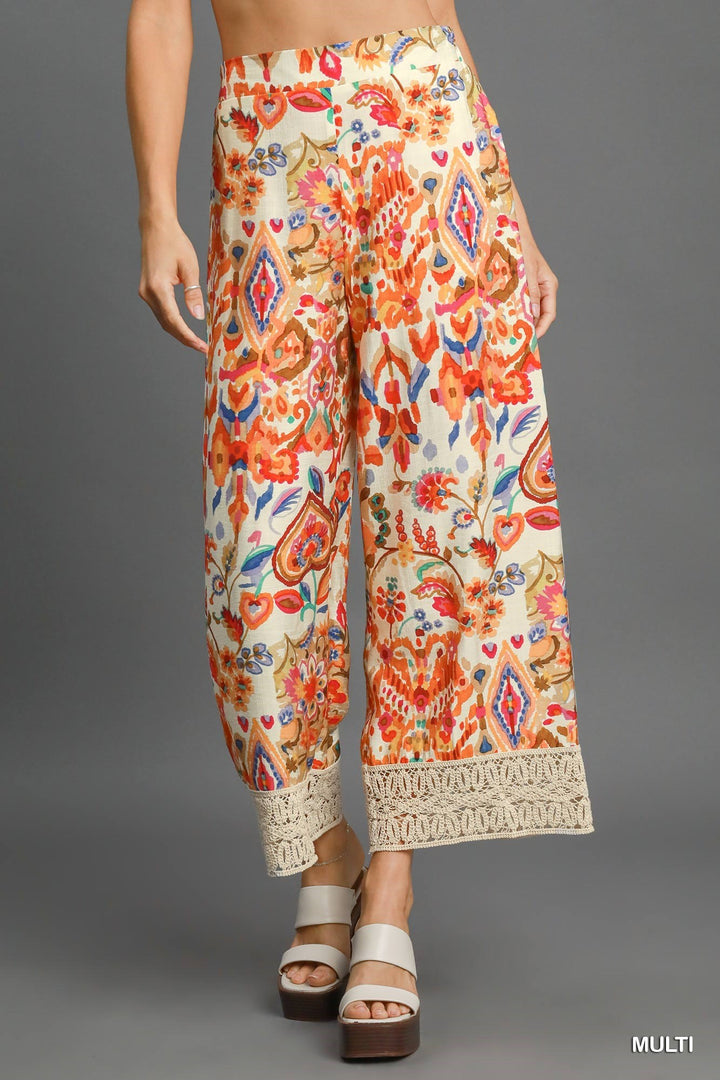 UMGEE Abstract Print Wide Leg Pants w/ Lace Trim on Simply Obsessed