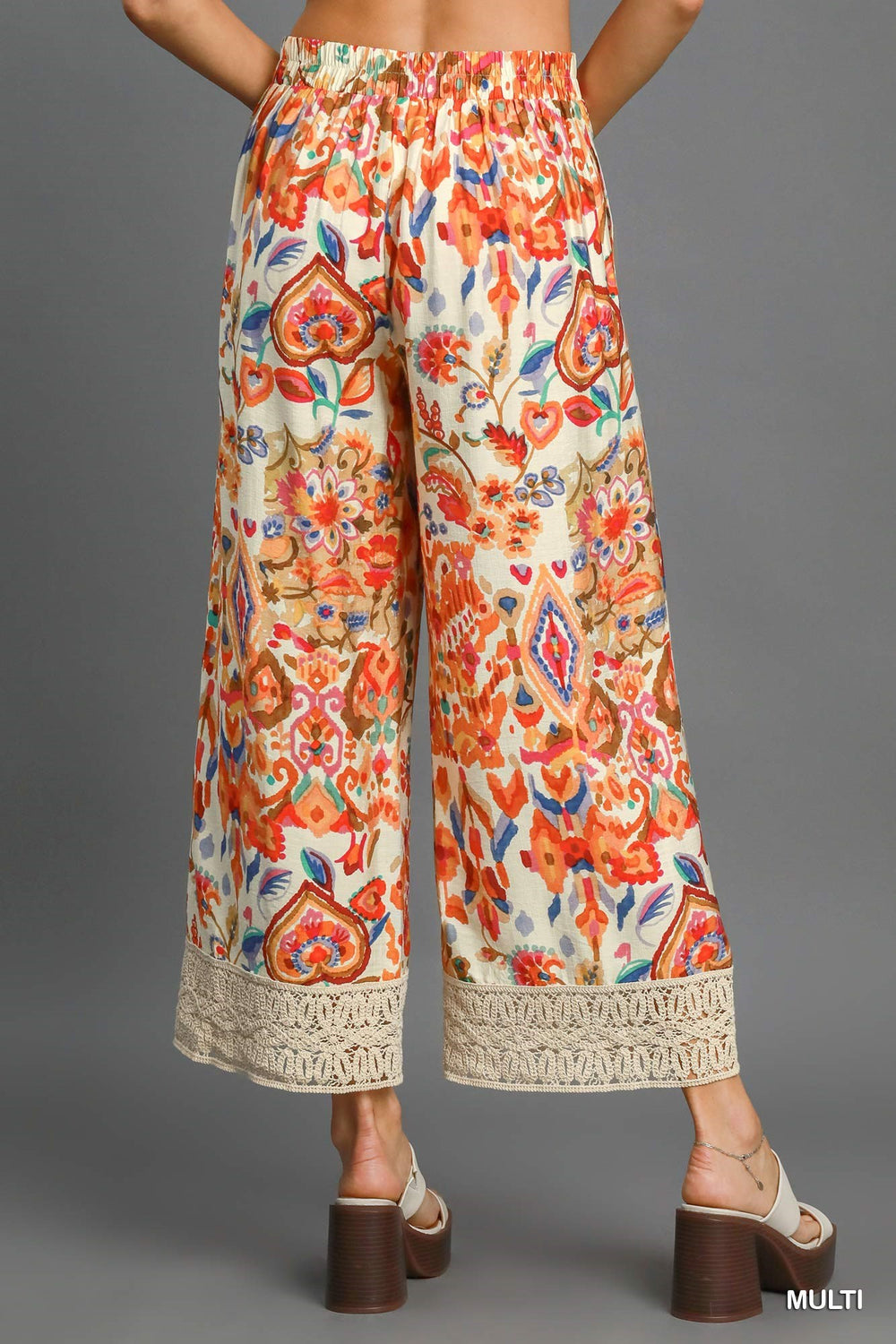 UMGEE Abstract Print Wide Leg Pants w/ Lace Trim on Simply Obsessed