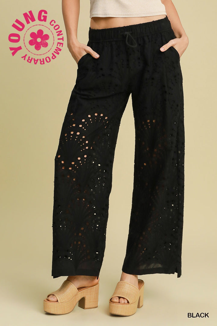 UMGEE Cotton Eyelet Lace Straight Leg Pants on Simply Obsessed