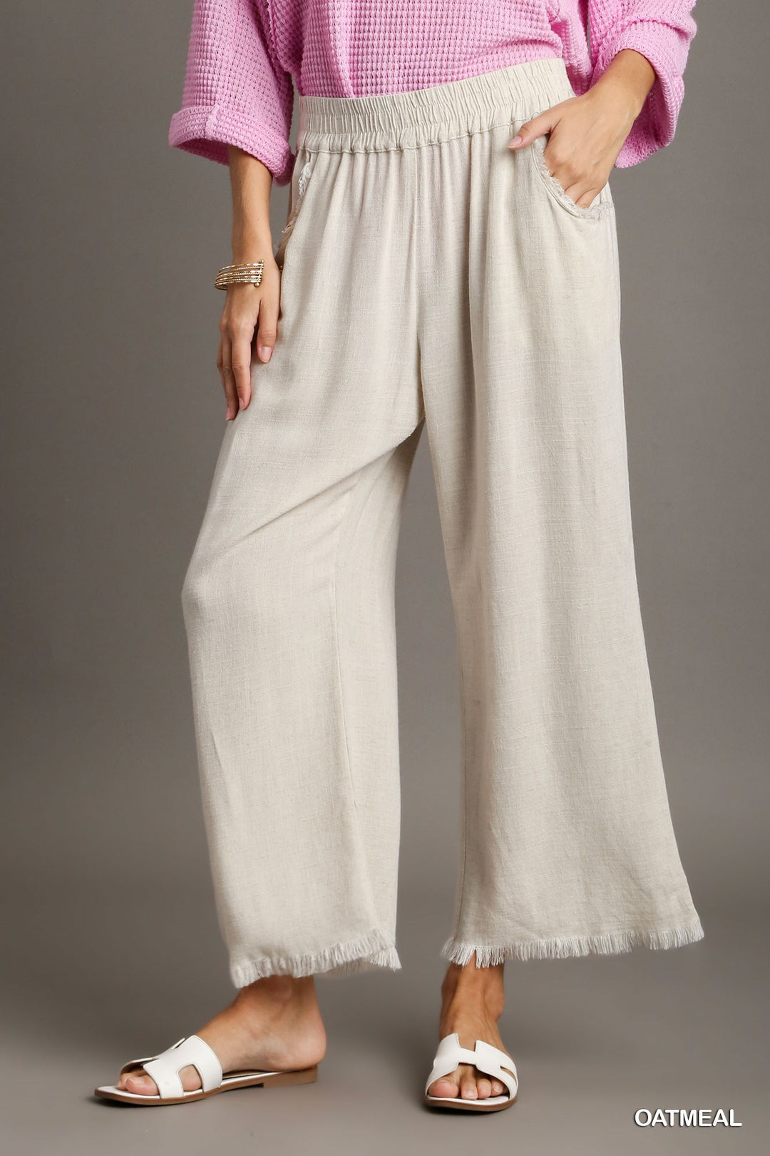 UMGEE Linen Blend Elastic Wide Leg Pants w/ Side Pockets and Frayed Hem - OATMEAL on Simply Obsessed